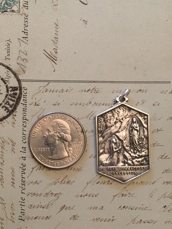 Our Lady of Lourdes Virgin Mary Medal - Sterling Silver Antique Replica ...